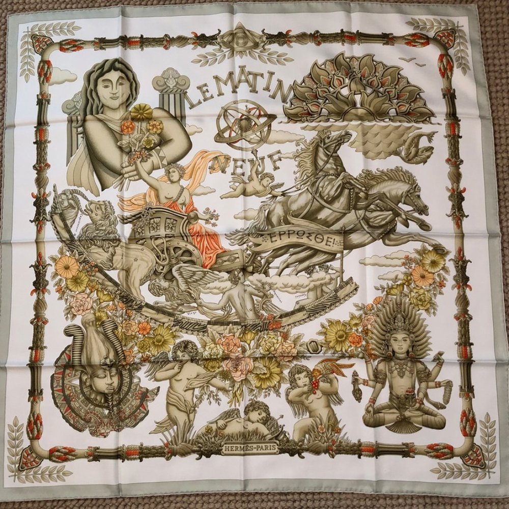 HERMES LE MATIN NEUF SCARF WRAP BY JOACHIM METZ WHITE SAGE BEIGE ORANGE RARE NEW
